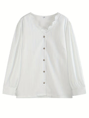  Solid Ribbed Lace Trim V Neck Top