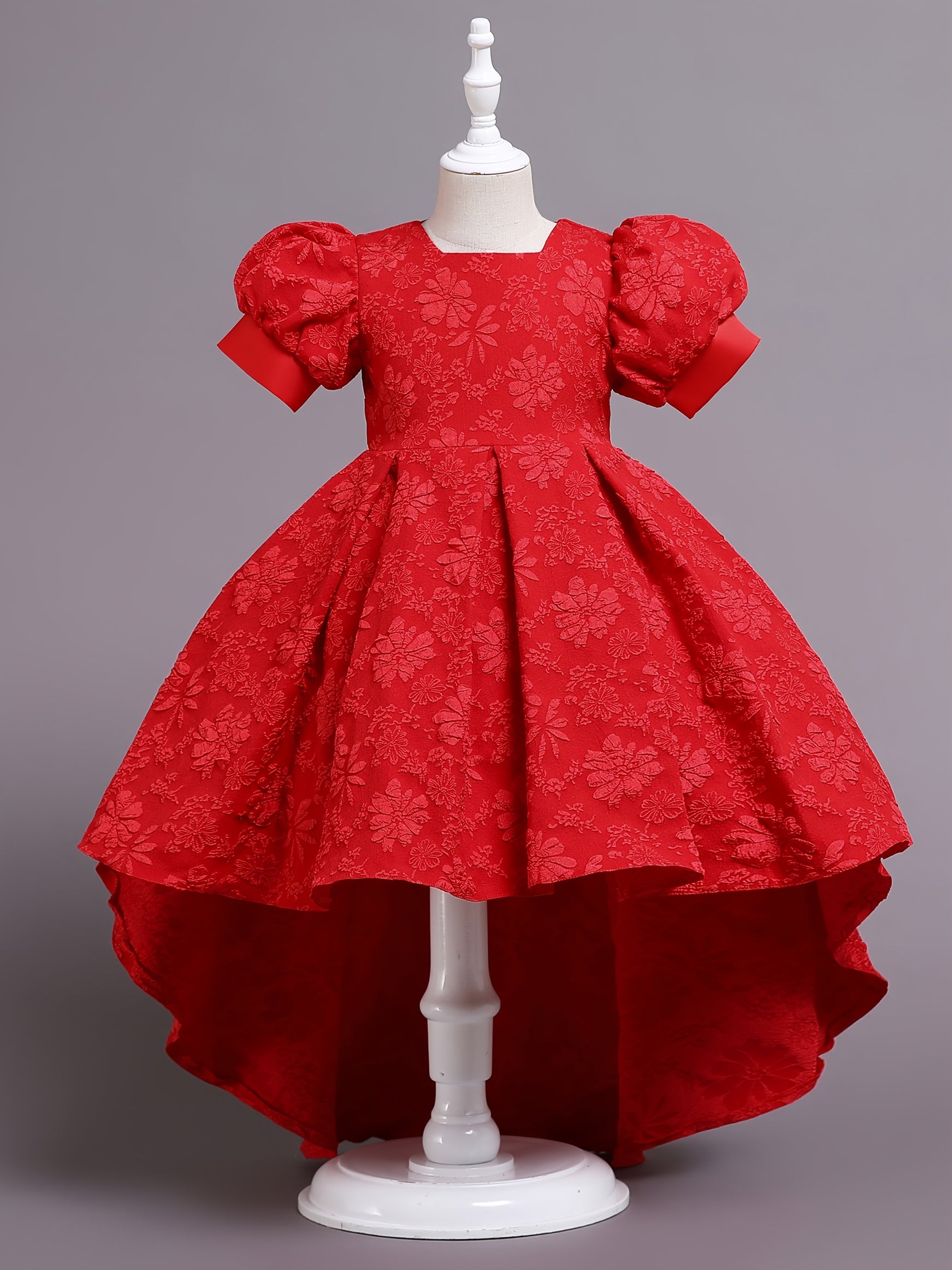 Girls' Formal Flower Jacquard Bubble Sleeve Trailing Evening Dress