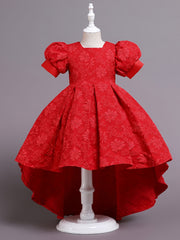 Girls' Formal Flower Jacquard Bubble Sleeve Trailing Evening Dress