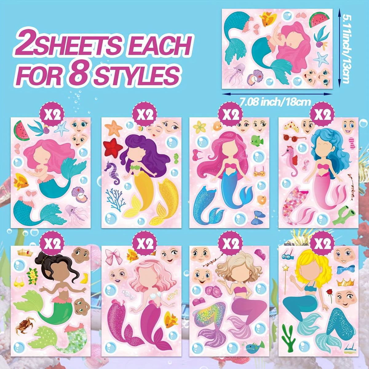 16 Mermaid Stickers for Party Favors Classroom
