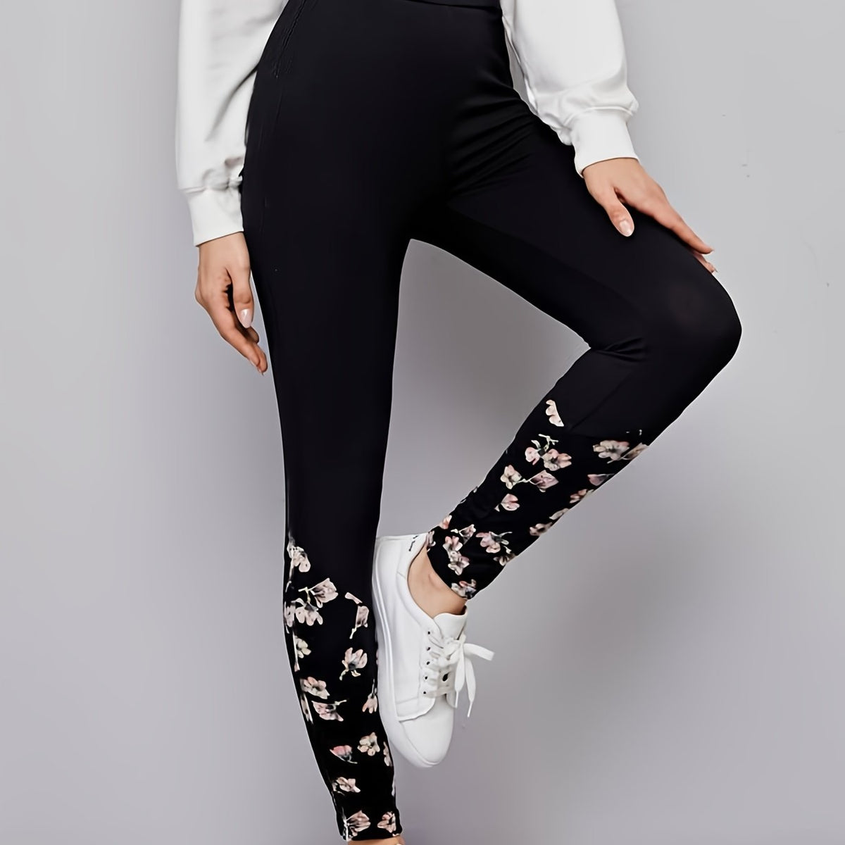  Floral Print Casual Leggings Elastic High Rise