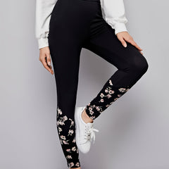  Floral Print Casual Leggings Elastic High Rise
