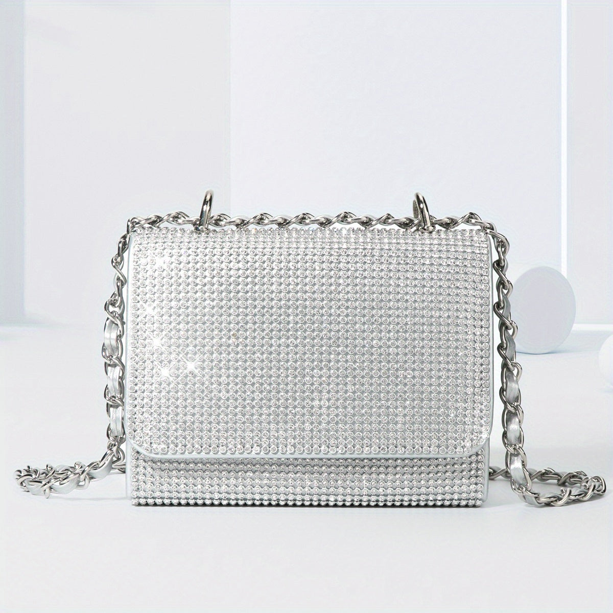 Glitter Chain Evening Bag for Party, Rhinestone Square Flap Bag