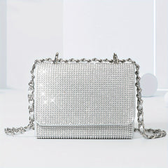 Glitter Chain Evening Bag for Party, Rhinestone Square Flap Bag
