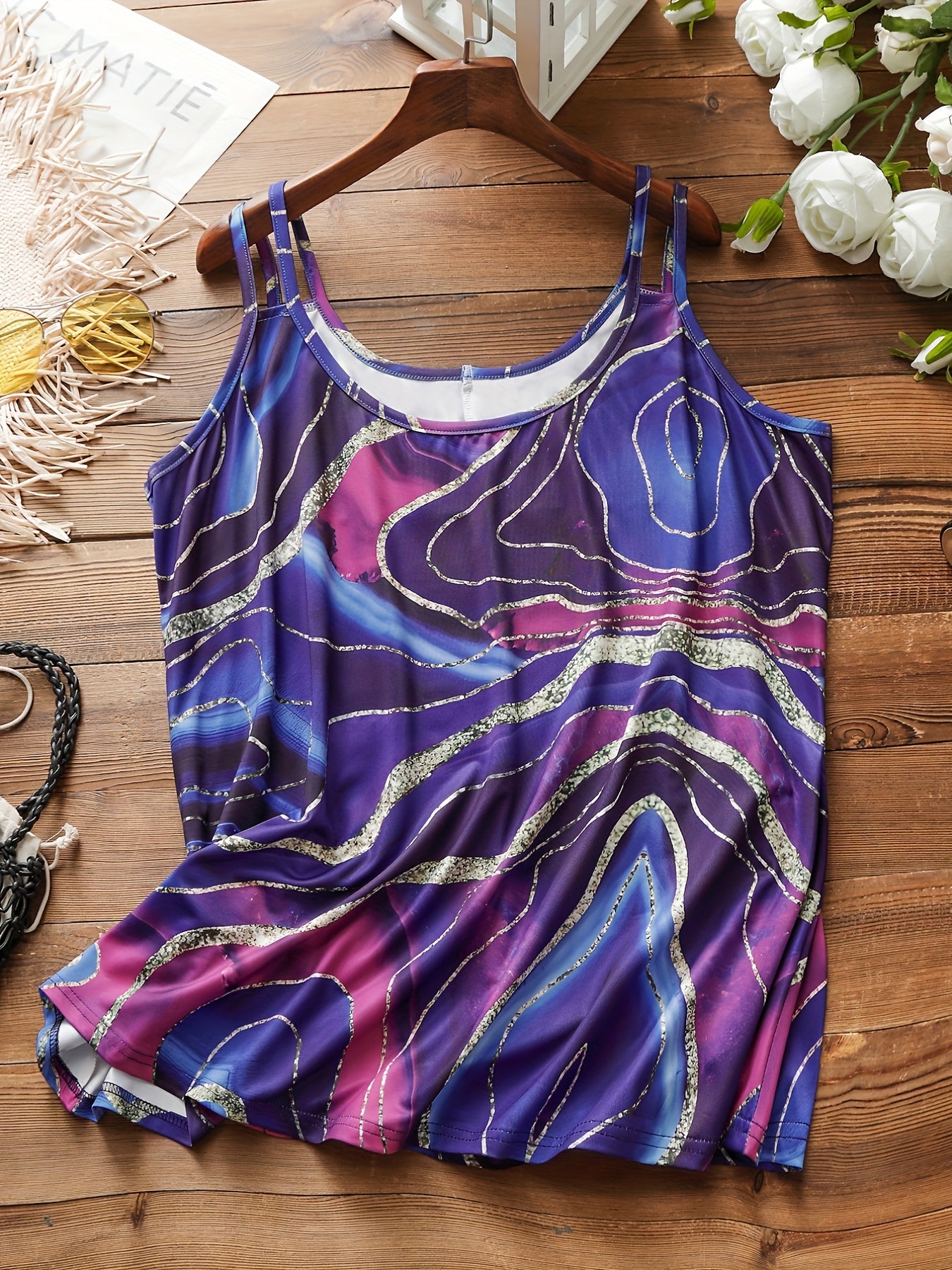  Casual Tank Top Women's Plus Marble Print Split Strap Round Neck