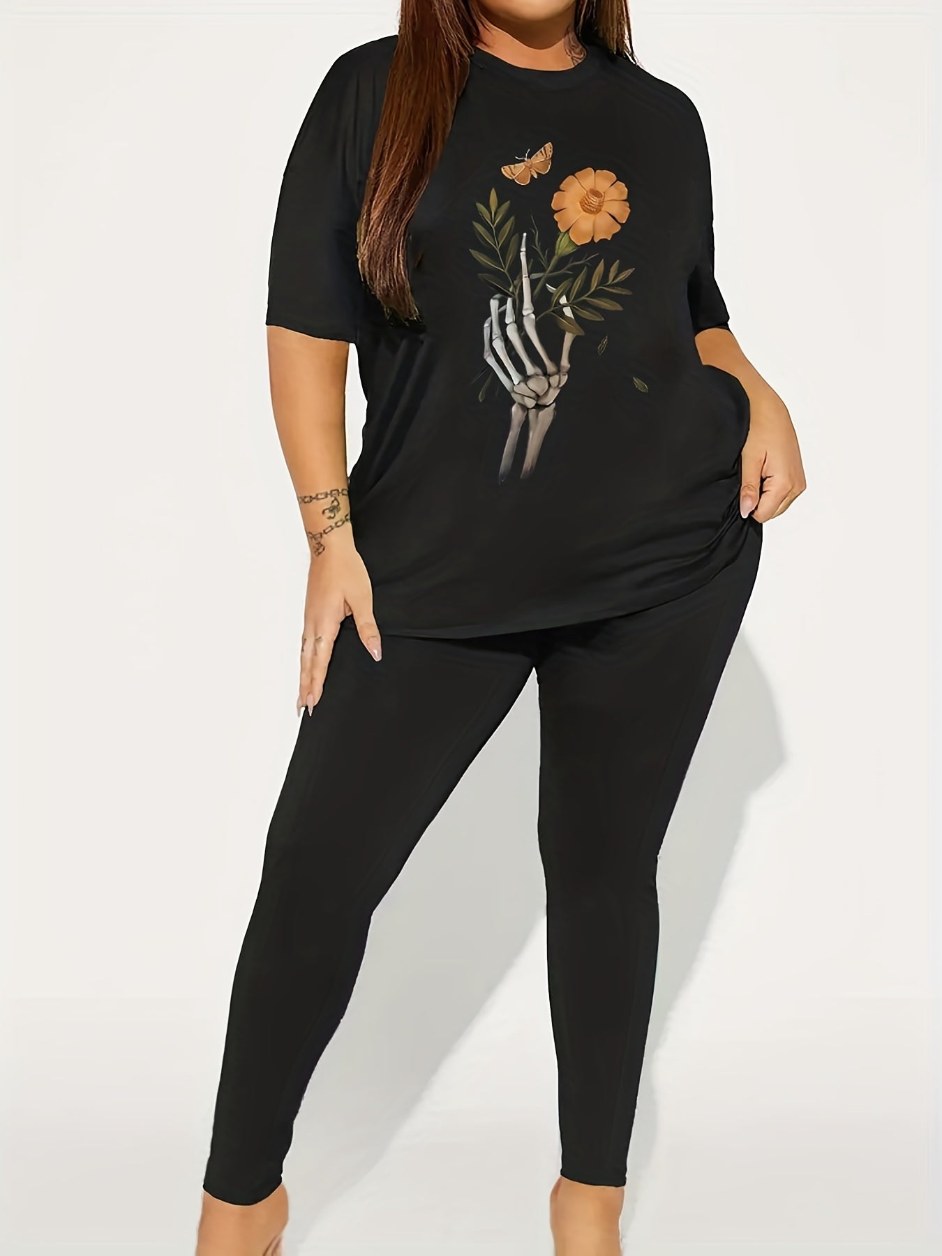  Skull & Floral Print Tee & Leggings Set