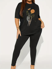  Skull & Floral Print Tee & Leggings Set