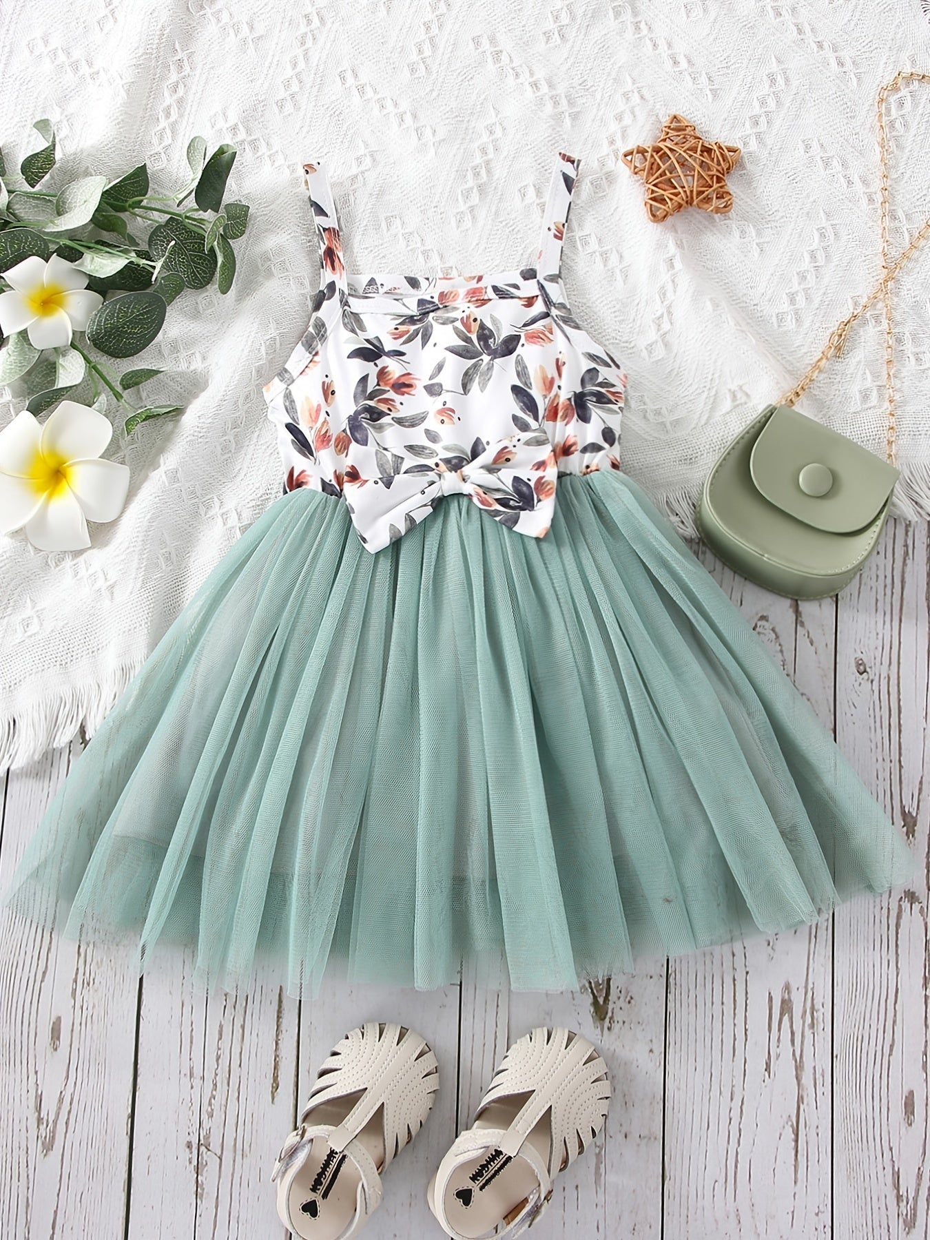 Infant Bowknot Puffy Overall Dress with Mesh for Kids