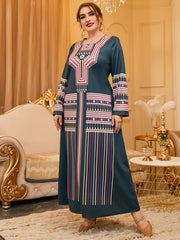  Geometric Print Abaya Dress Long Sleeve Square Neck Maxi