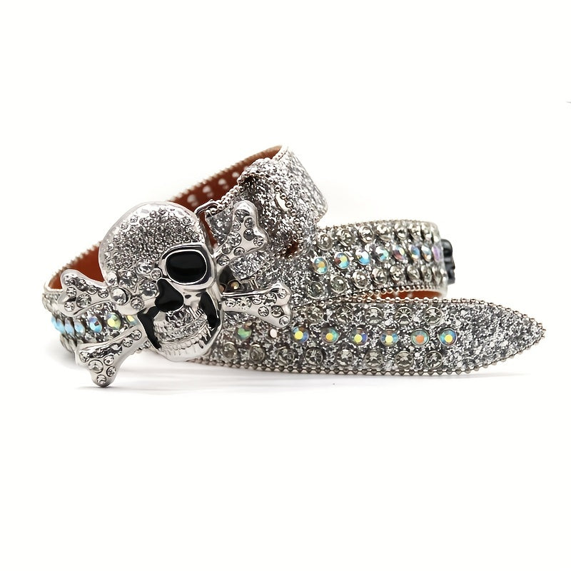 Skull Decor Rhinestone PU Leather Belt Western Cowboy Hip Hop Punk Belt
