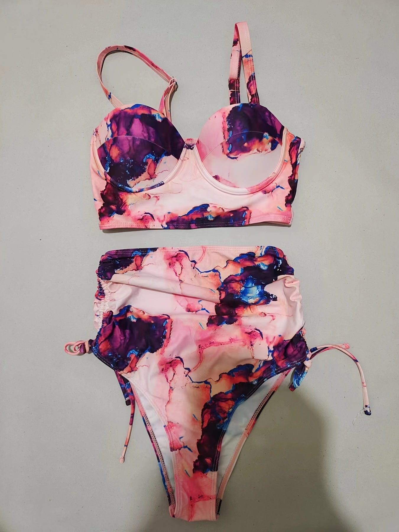 Tie Dye Push Up Bikini Set V Neck Tie Side High Cut Two Piece Swimwear