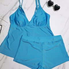  Tankini Set Women's Plus Solid V Neck Padded Cami Top & Boyshorts Swim