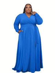  Solid Long Sleeve Maxi Dress Pockets