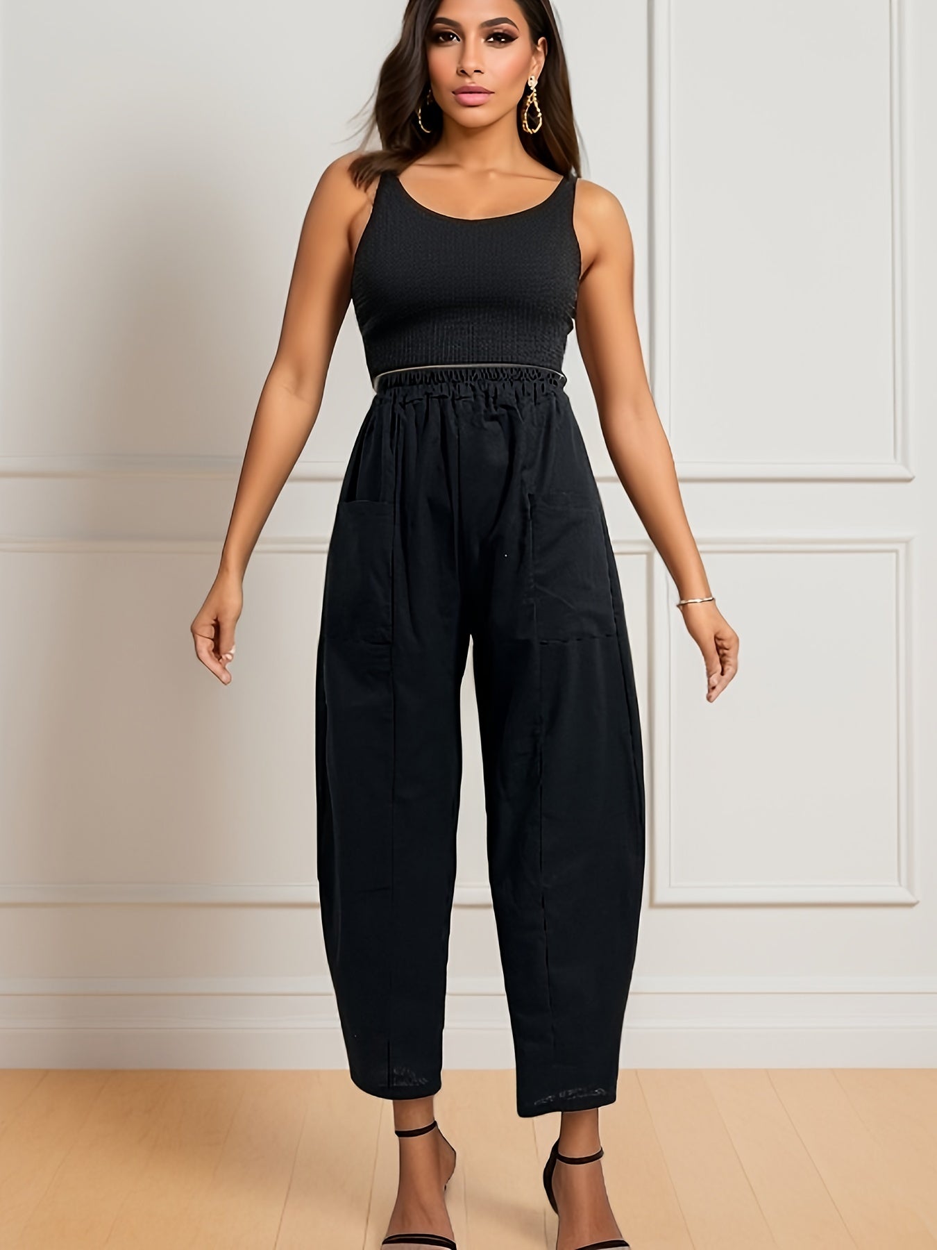 High Waist Wide Leg Pants Solid Casual Pants For Fall & Spring