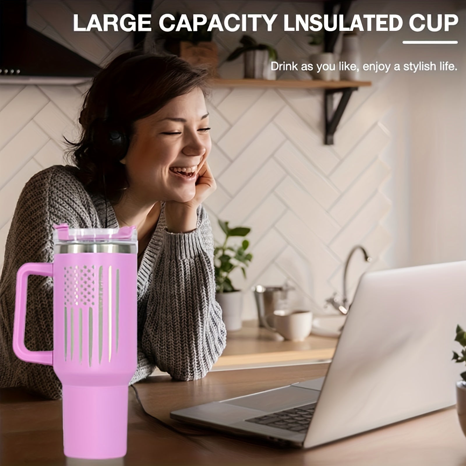 Laser Flag Tumbler 40oz Vacuum Insulated Cup Straw Lid Handle Portable