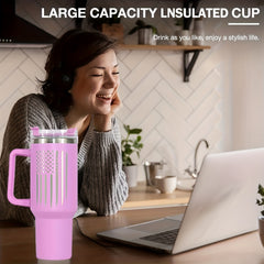 Laser Flag Tumbler 40oz Vacuum Insulated Cup Straw Lid Handle Portable