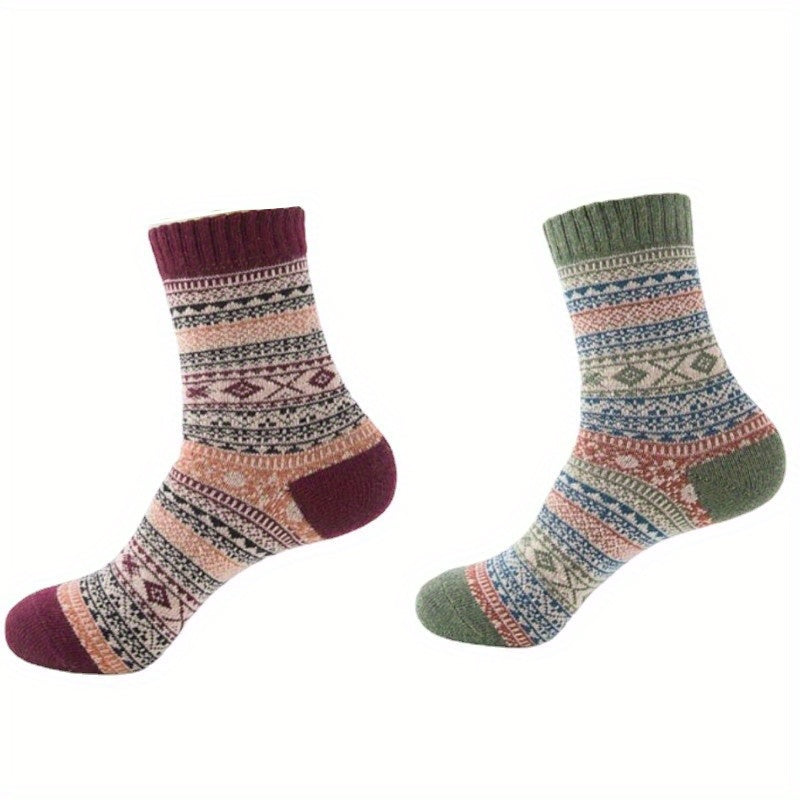2 Pairs Geometric Pattern Socks Ethnic Style Mid Tube Women's Stockings