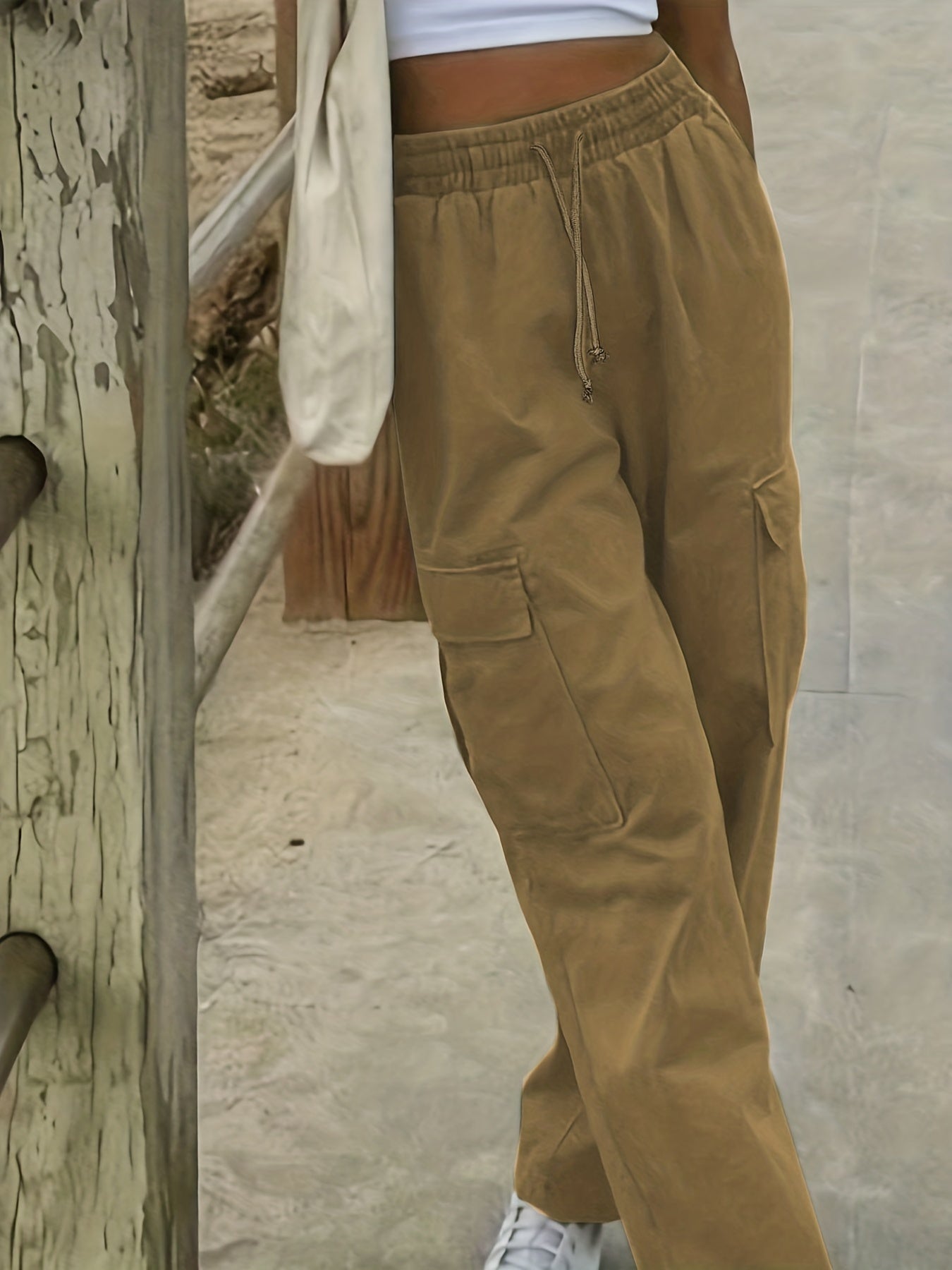  Women's Solid Cargo Pants with Drawstring Waist
