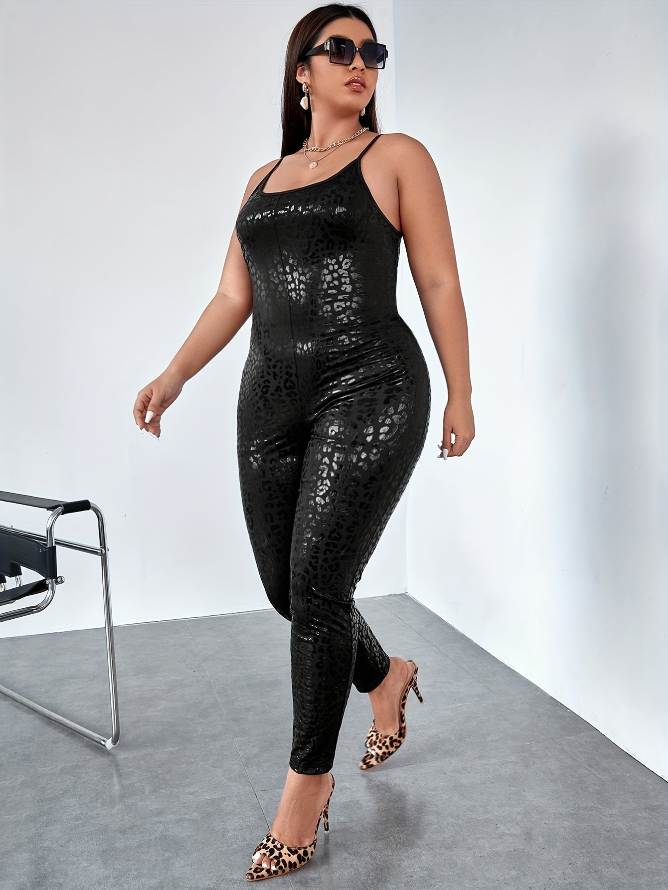  Leopard Cami Jumpsuit Women's Scoop Neck Stretch Skinny