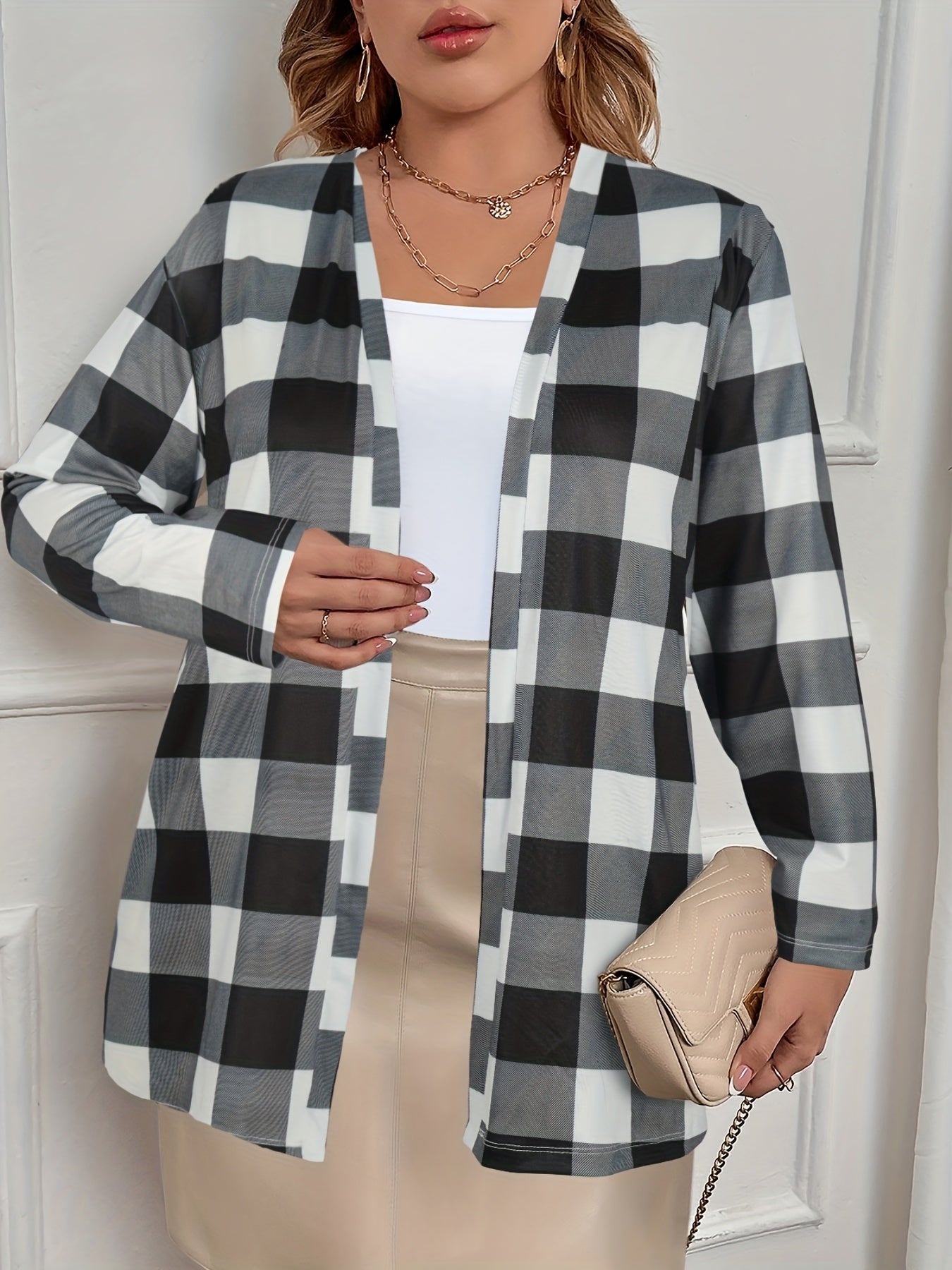  Plaid Print Long Sleeve Open Front Cardigan
