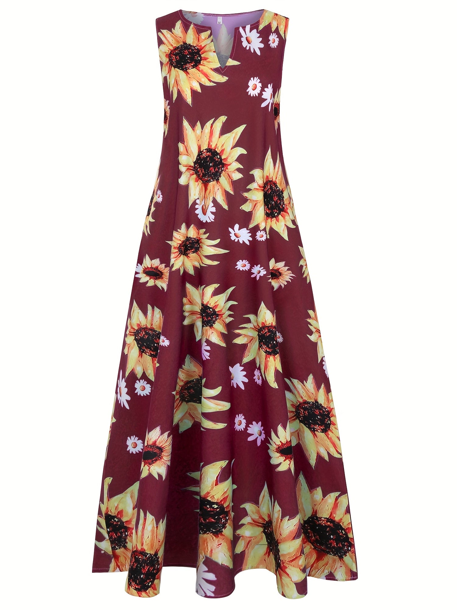  Sunflower Print Tank Dress Sleeveless Maxi A-line Notched Neck