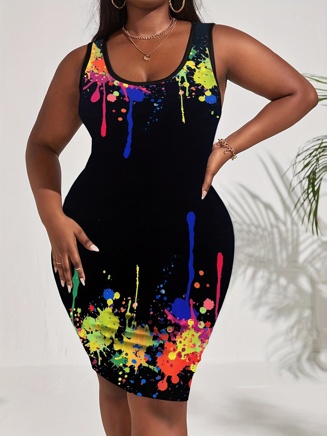  Women's Painting Print Slim Fit Tank Dress