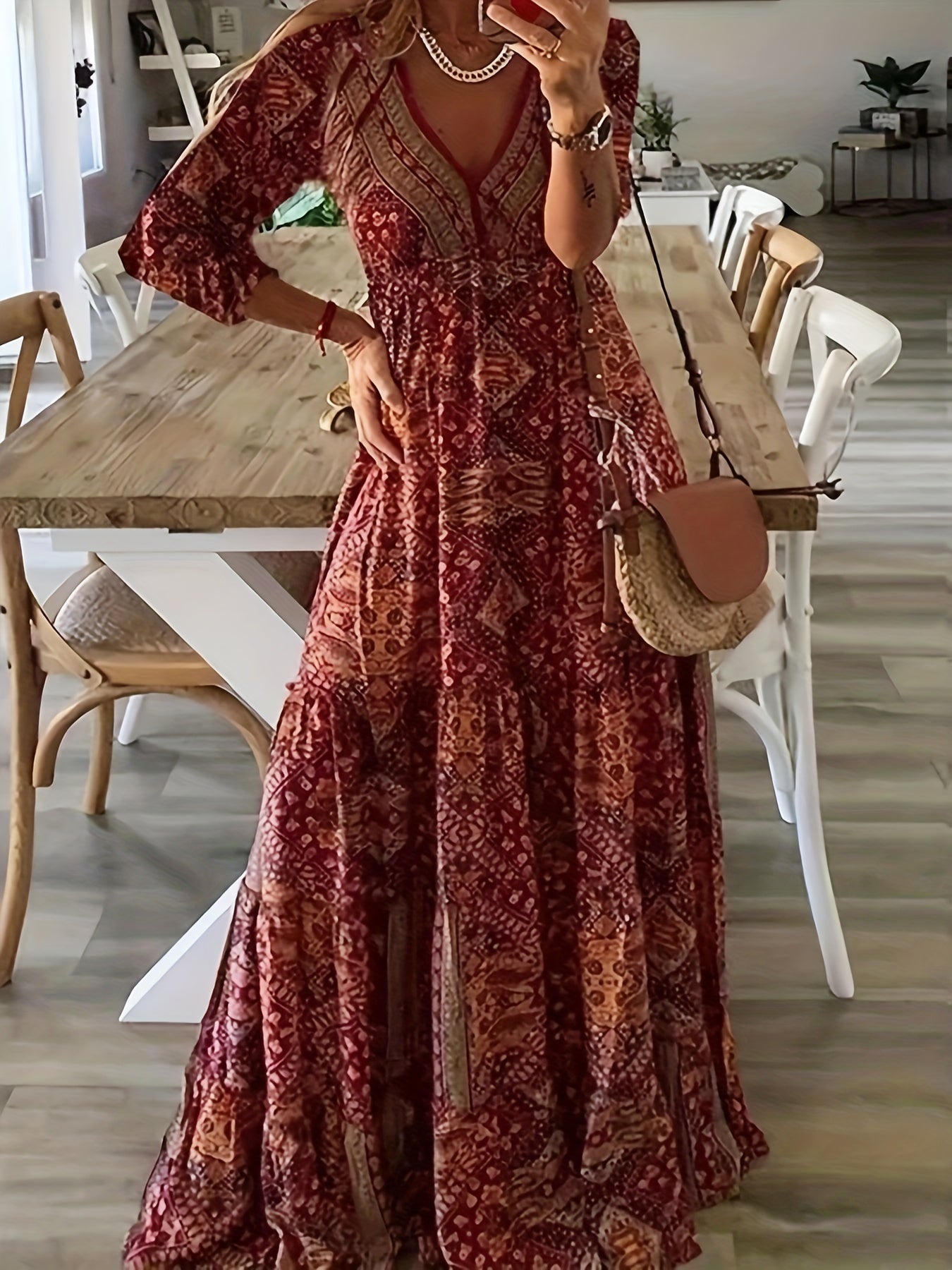  Ditsy Floral Print Long Sleeve V Neck Maxi Dress