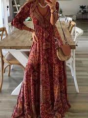  Ditsy Floral Print Long Sleeve V Neck Maxi Dress