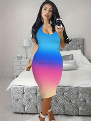  Colorblock Ombre Print Tank Dress