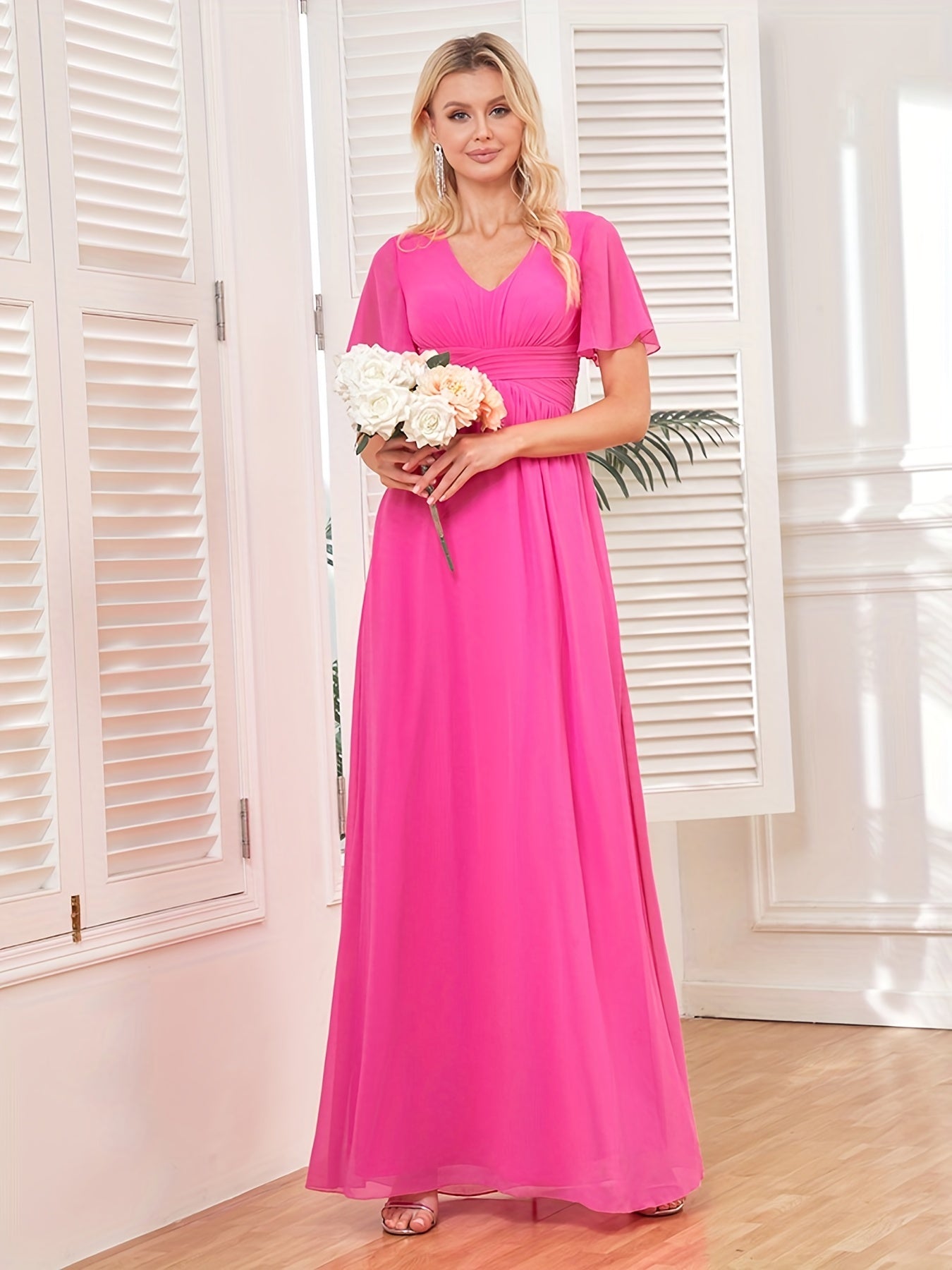 Solid V Neck Bridesmaid Dress Short Sleeve Maxi Wedding Party Dress