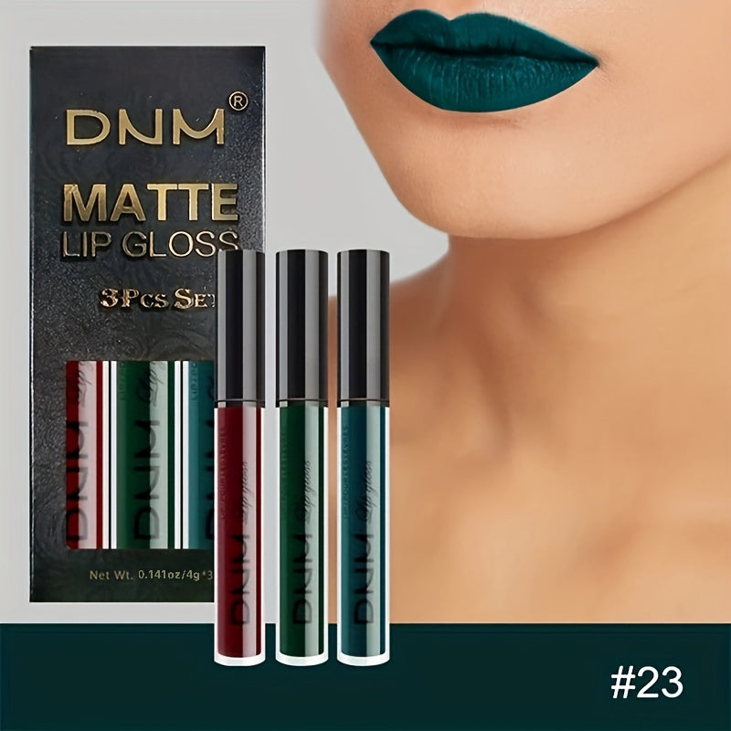3 Pack Matte Liquid Lipstick Set Long Lasting Dark Red Brown Green Lipstick