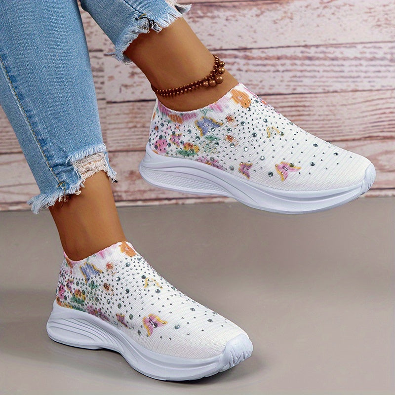 Women's Rhinestone Knit Sock Sneakers Casual Low Top Slip On Shoes