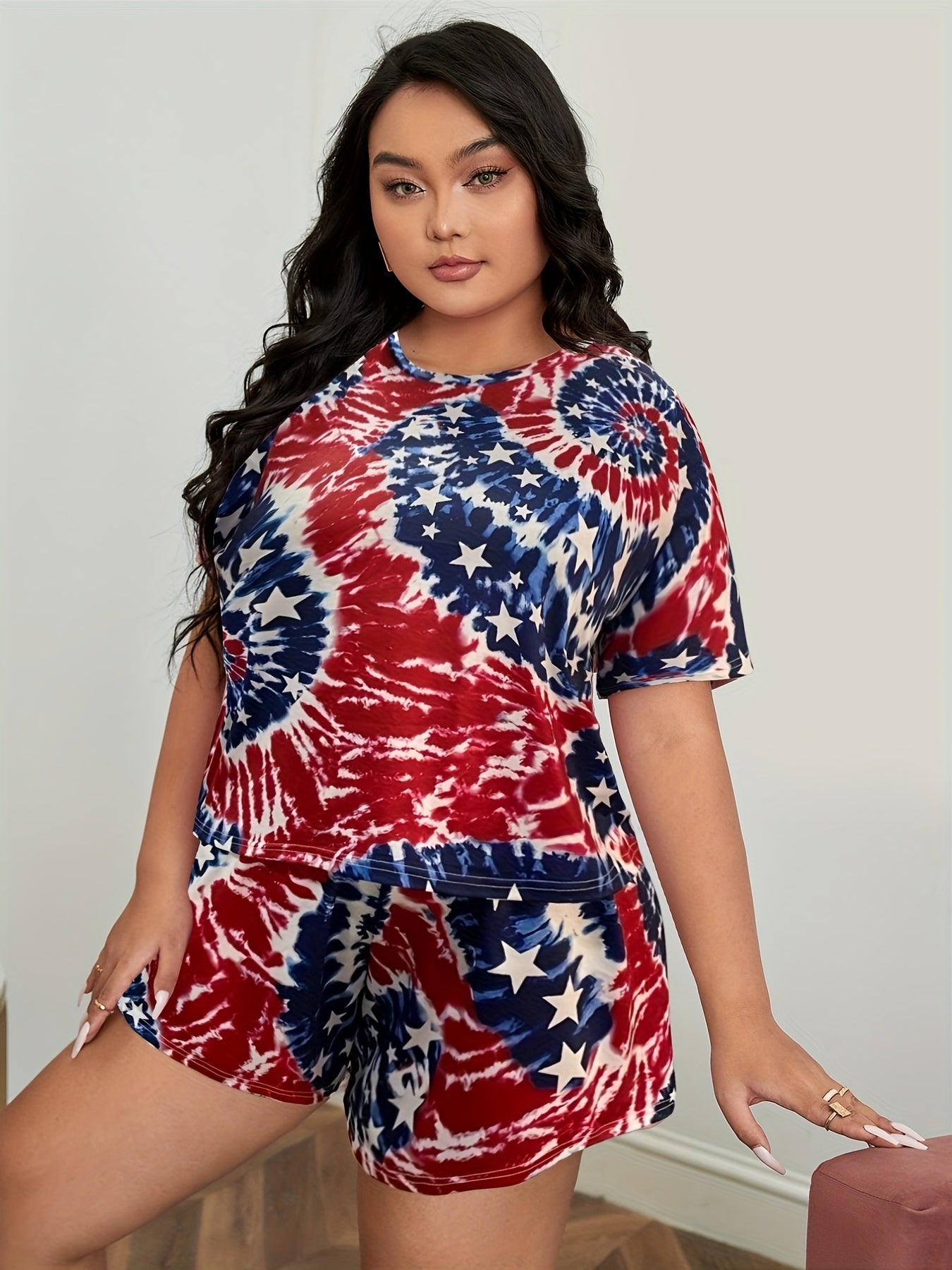  Tie Dye Flag Print Tee & Shorts Pajama Set