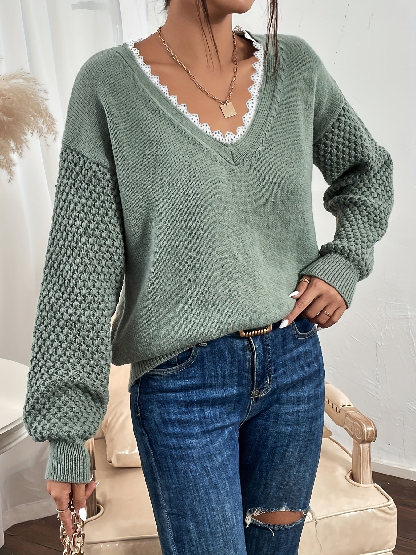 Lace V Neck Pullover Sweater Casual Long Sleeve Drop Shoulder Sweater
