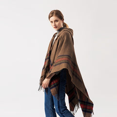 Vintage Jacquard Shawl Hooded Cloak Tassel Cape Womens Wrap Cardigan