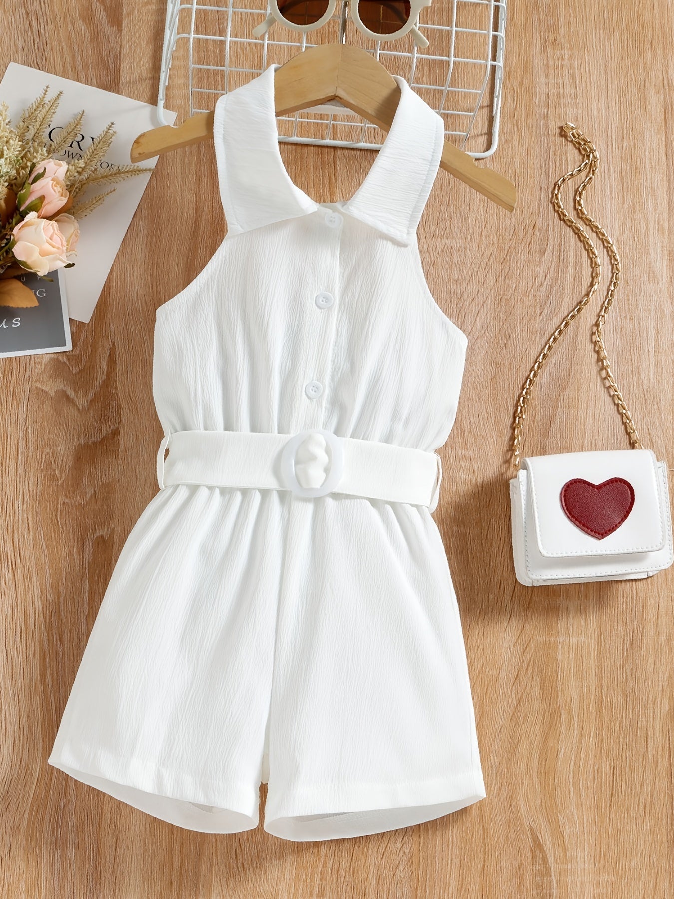 Girls Sleeveless Button Front Halter Romper Jumpsuit
