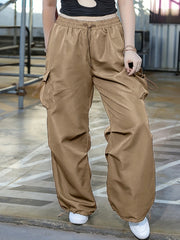  Solid Elastic Drawstring High Rise Cargo Pants