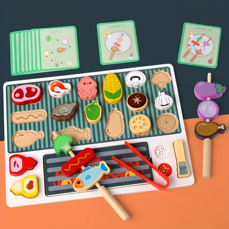 Wooden BBQ Playset for Kids Pretend Cooking & Grilling Game