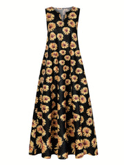  Sunflower Print Tank Dress Sleeveless Maxi A-line Notched Neck