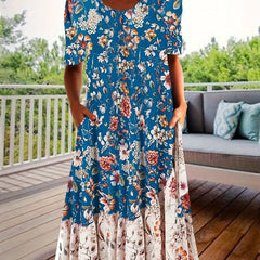 Floral Print Short Sleeve Round Neck Dress With Pockets