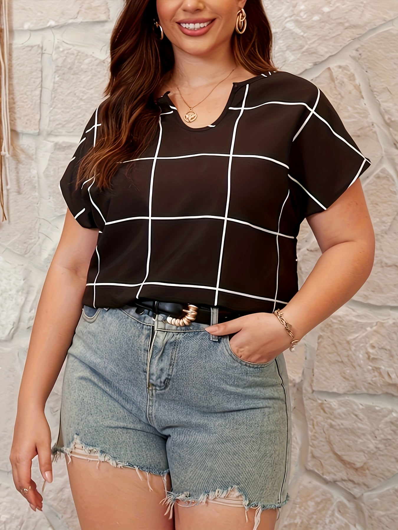  Grid Print Short Sleeve Blouse