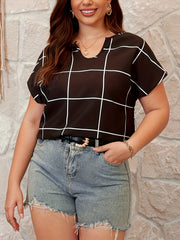  Grid Print Short Sleeve Blouse