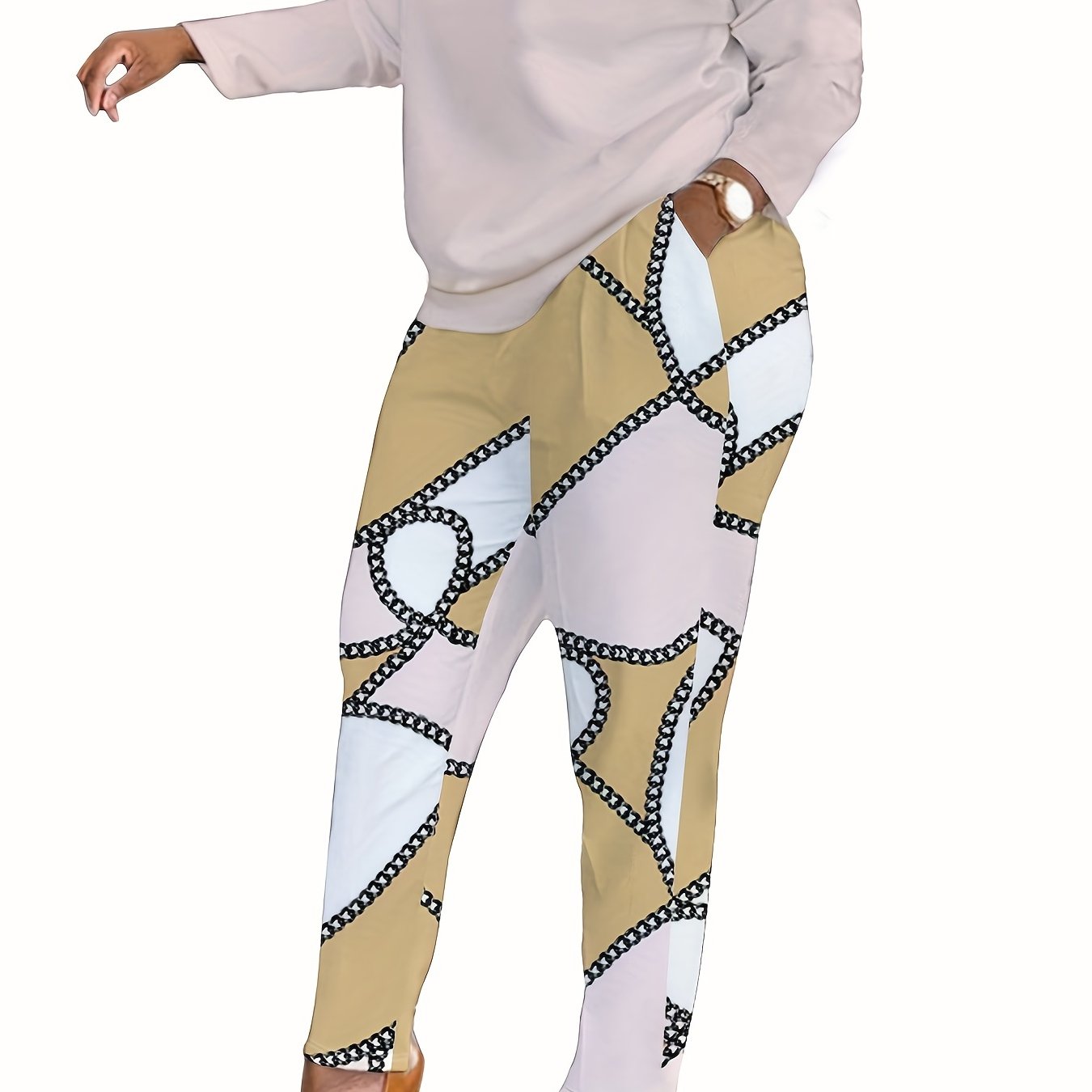  Casual 2PC Set - Solid Top & Chain Print Leggings