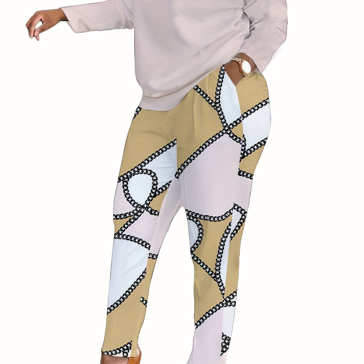  Casual 2PC Set - Solid Top & Chain Print Leggings