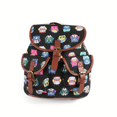 Colorful Owl Print Flap Backpack Preppy Style School Bag Drawstring