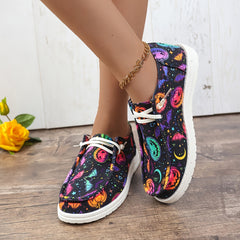 Women's Halloween Bat & Pumpkin Print Shoes Lace Up Canvas Low Top Sneakers