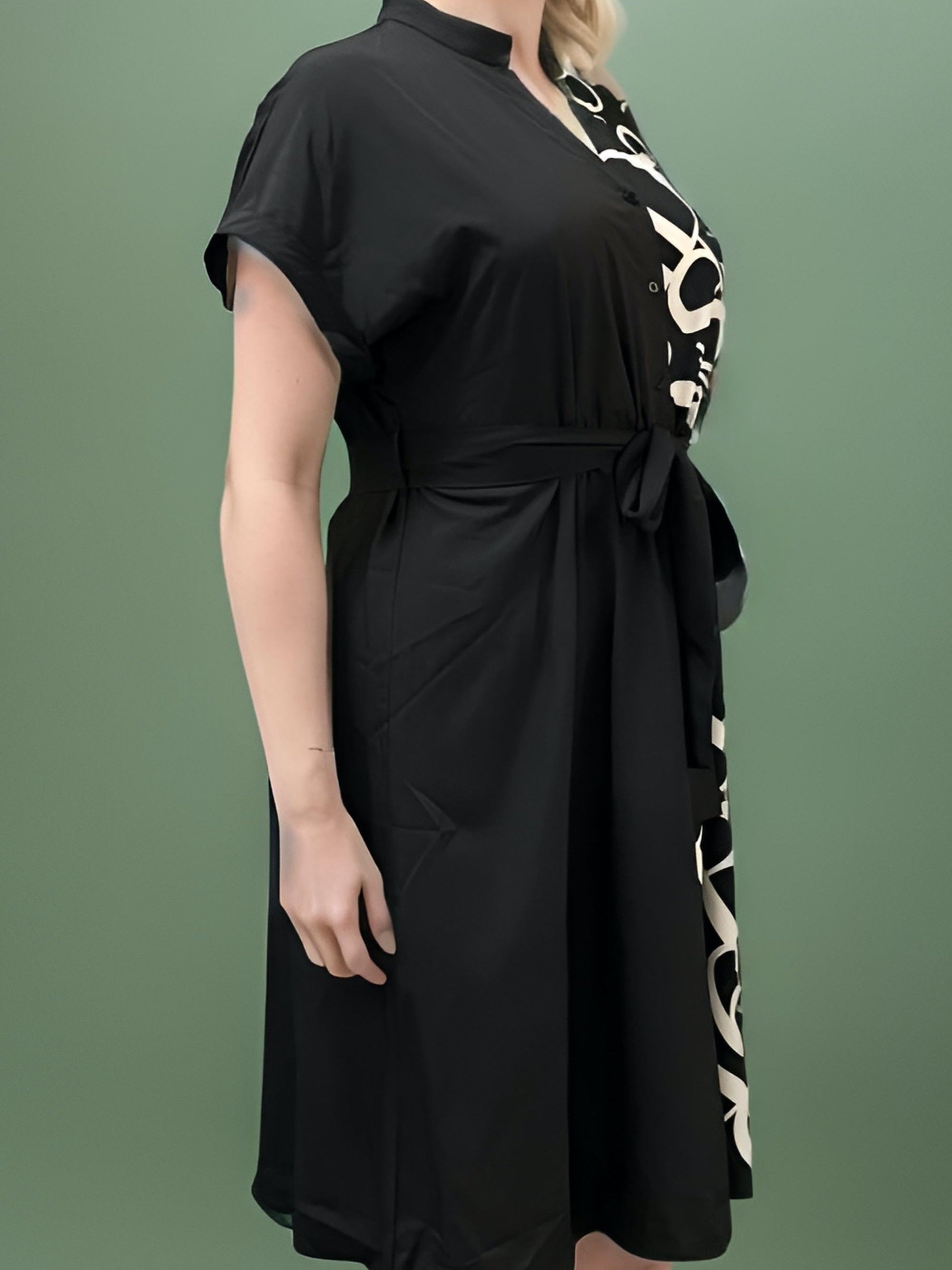  Colorblock Letter Print Shirt Dress With Belt