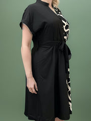  Colorblock Letter Print Shirt Dress With Belt