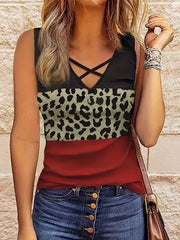  Colorblock Leopard Print Criss Cross V-Neck Tank Top