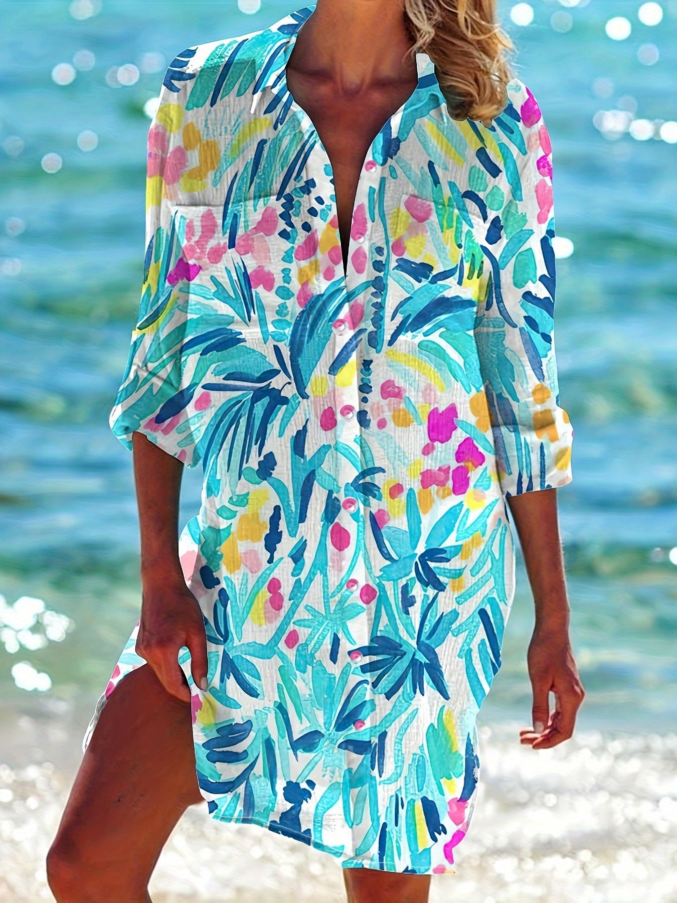  Abstract Print Button Up Long Sleeve Shirt Dress